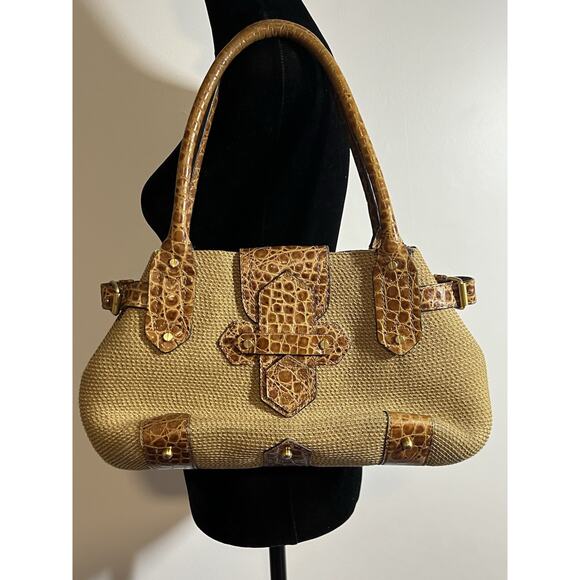 Eric Javits Tan Alligator Leather Woven Squishee Shopper Shoulder Handbag Tote - Picture 4 of 10